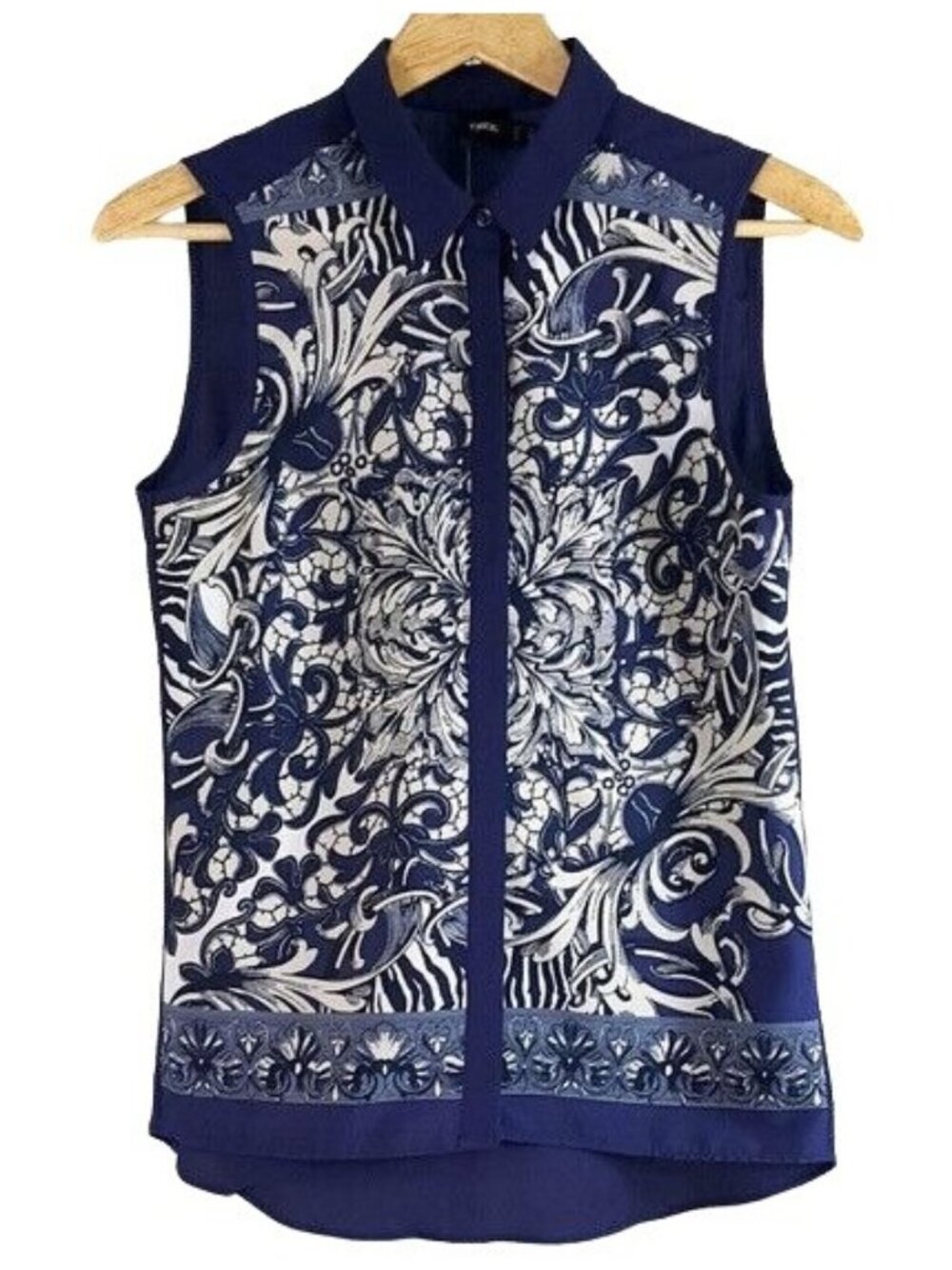 ASOS Womens Floral Sleeveless Top Blue SZ 4 Collar Button Up Scroll Paisley